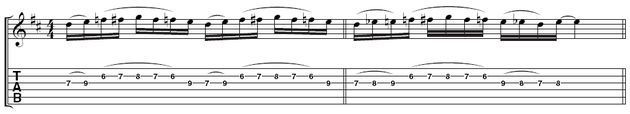 Marty Friedman on breaking out of a rut Example 2 - Adding chromatic notes: Marty adds some chromatic passing notes in two ways here. Pick the note at the start of each repetition strongly to keep the rhythm going.